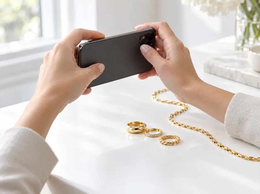 Zwei Hände fotografieren mit einem Telefon drei Goldringe und eine Goldkette auf einem weissen Tisch