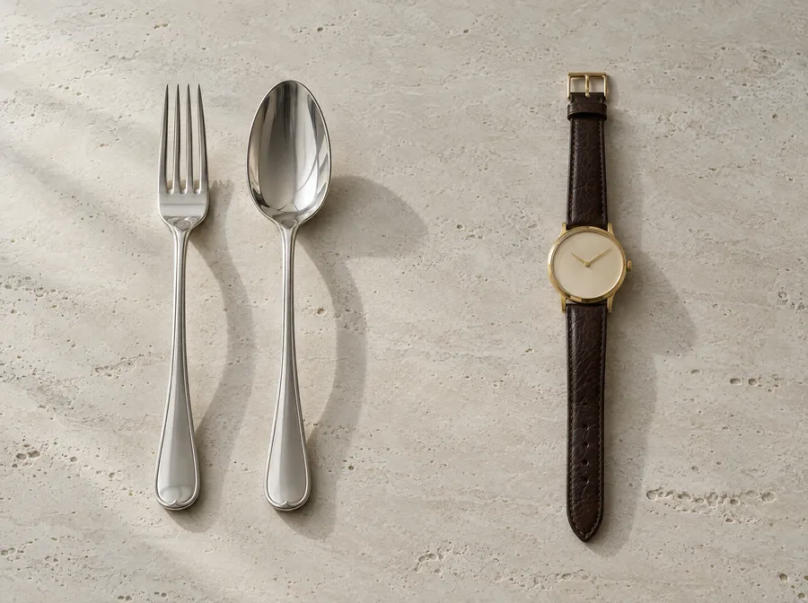 Eine Silbergabel, ein Silberlöffel und eine goldene Armbanduhr mit dunkelbraunem Lederband auf hellem Travertin